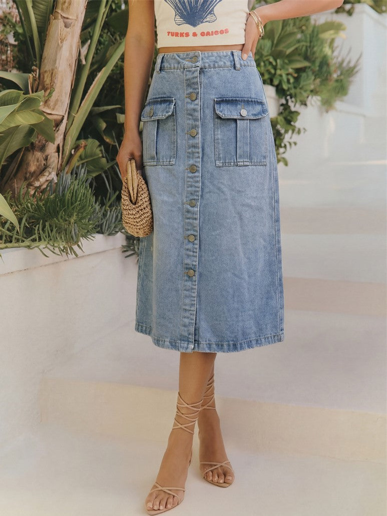 Button Front Denim Midi Skirt With Pockets - Blue