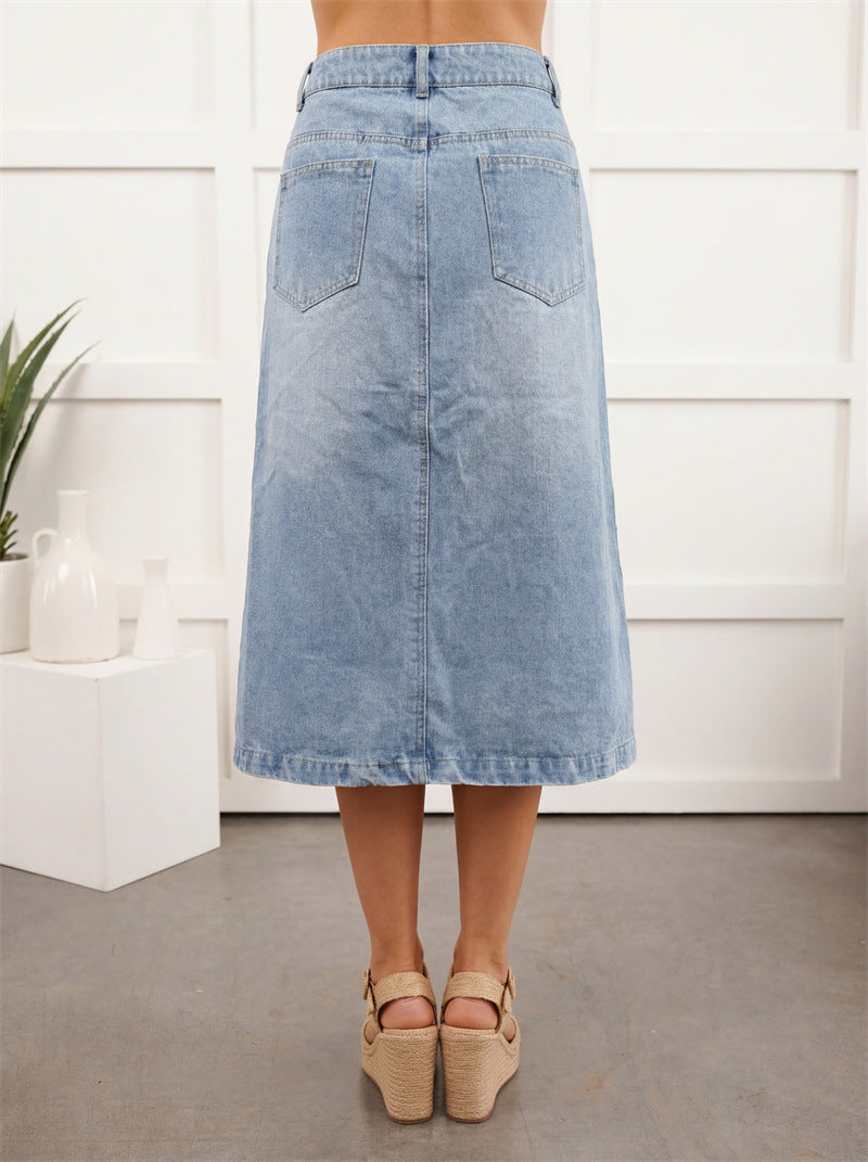 Button Front Denim Midi Skirt With Pockets - Blue - 1