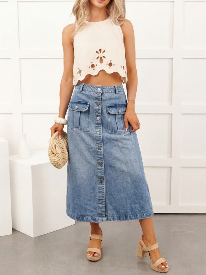 Button Front Denim Midi Skirt With Pockets - Blue - 2
