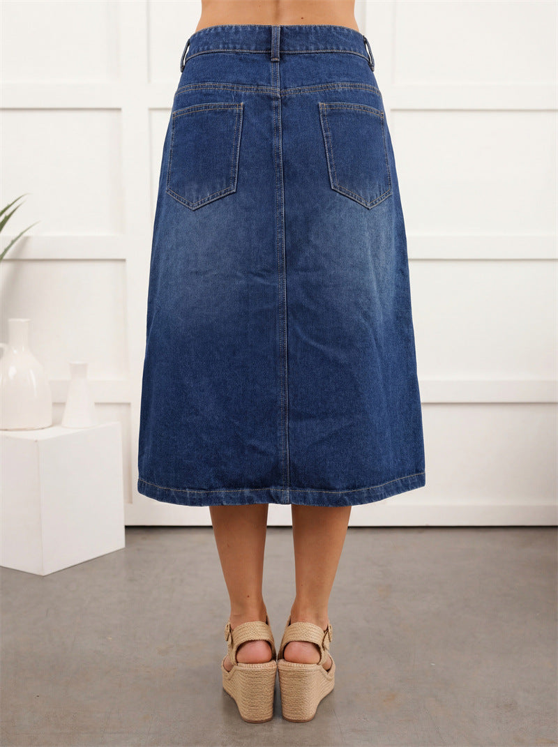 Button Front Denim Midi Skirt With Pockets - DarkBlue - 2