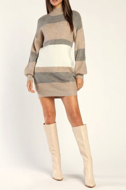 Striped Mock Neck Knit Mini Dress - Khaki - 1