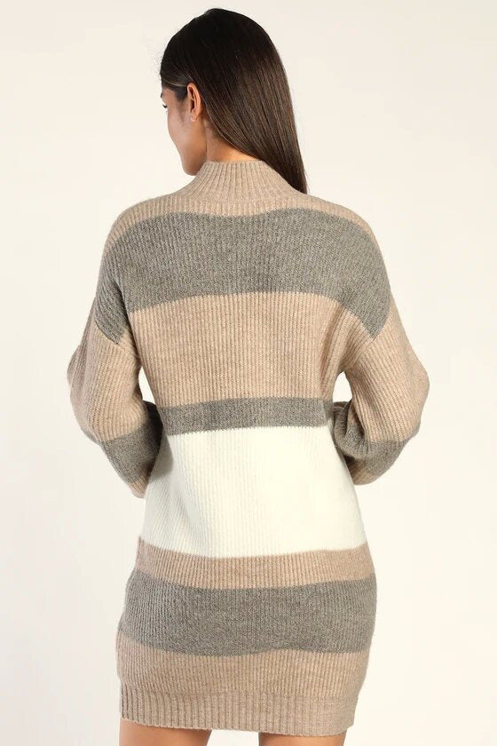 Striped Mock Neck Knit Mini Dress - Khaki - 2