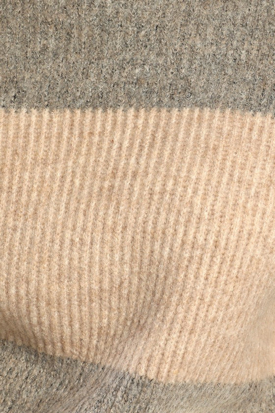 Striped Mock Neck Knit Mini Dress - Khaki - 3