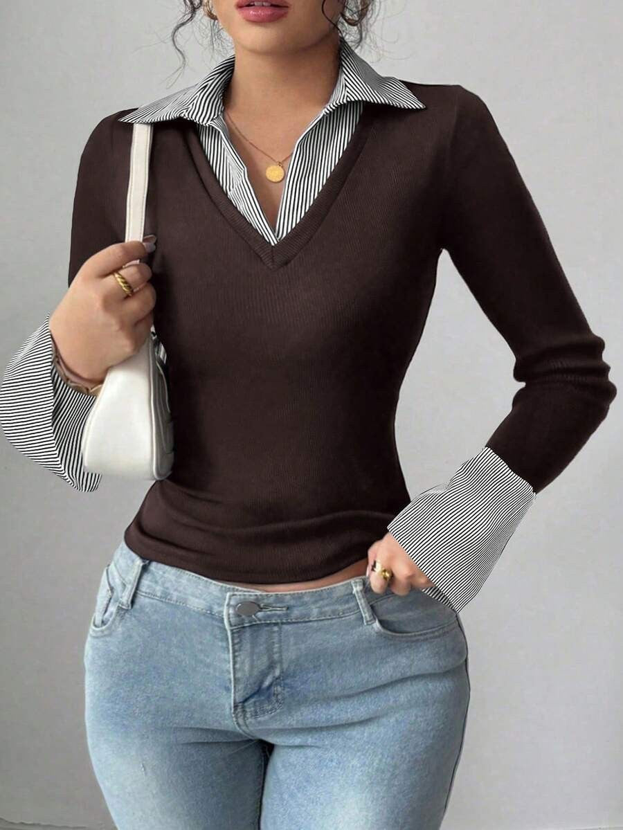 Layered Contrast-Collar Slim Knit Top with Long Sleeves - Coffee