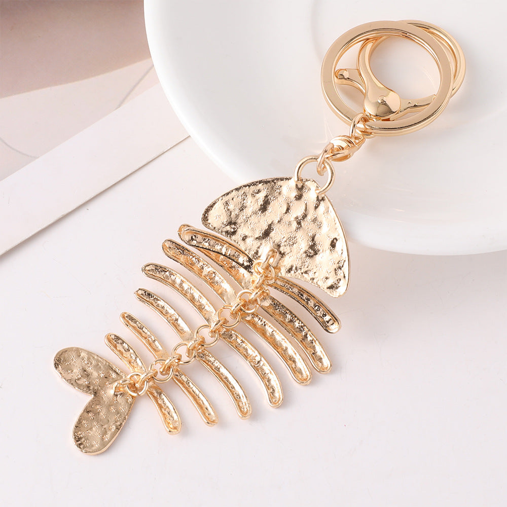 Fish Bone Keychain Bag Charm in Hammered Gold Tone - Gold