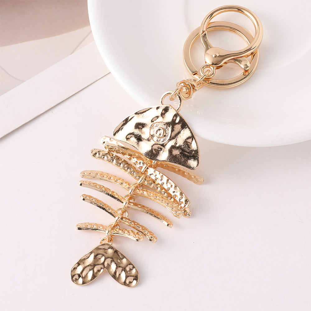 Fish Bone Keychain Bag Charm in Hammered Gold Tone - Gold - 1