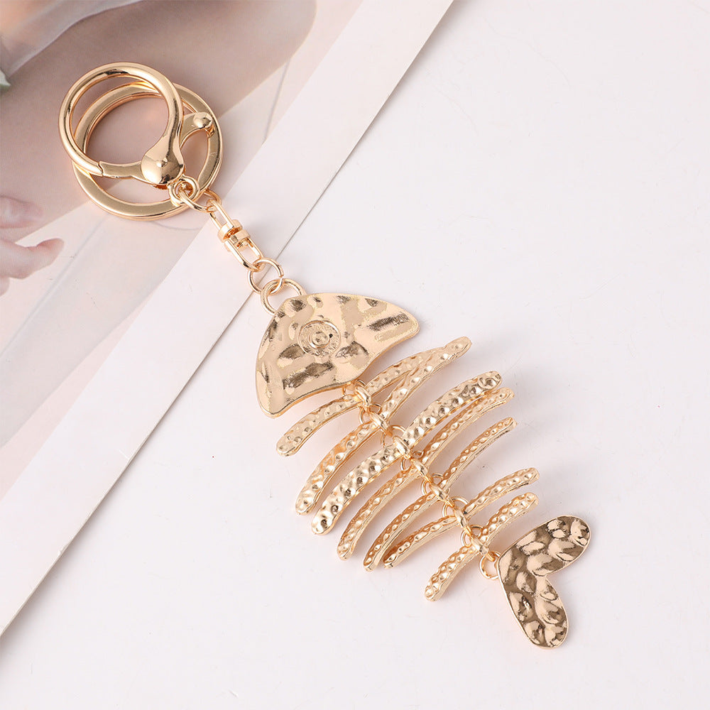 Fish Bone Keychain Bag Charm in Hammered Gold Tone - Gold - 2