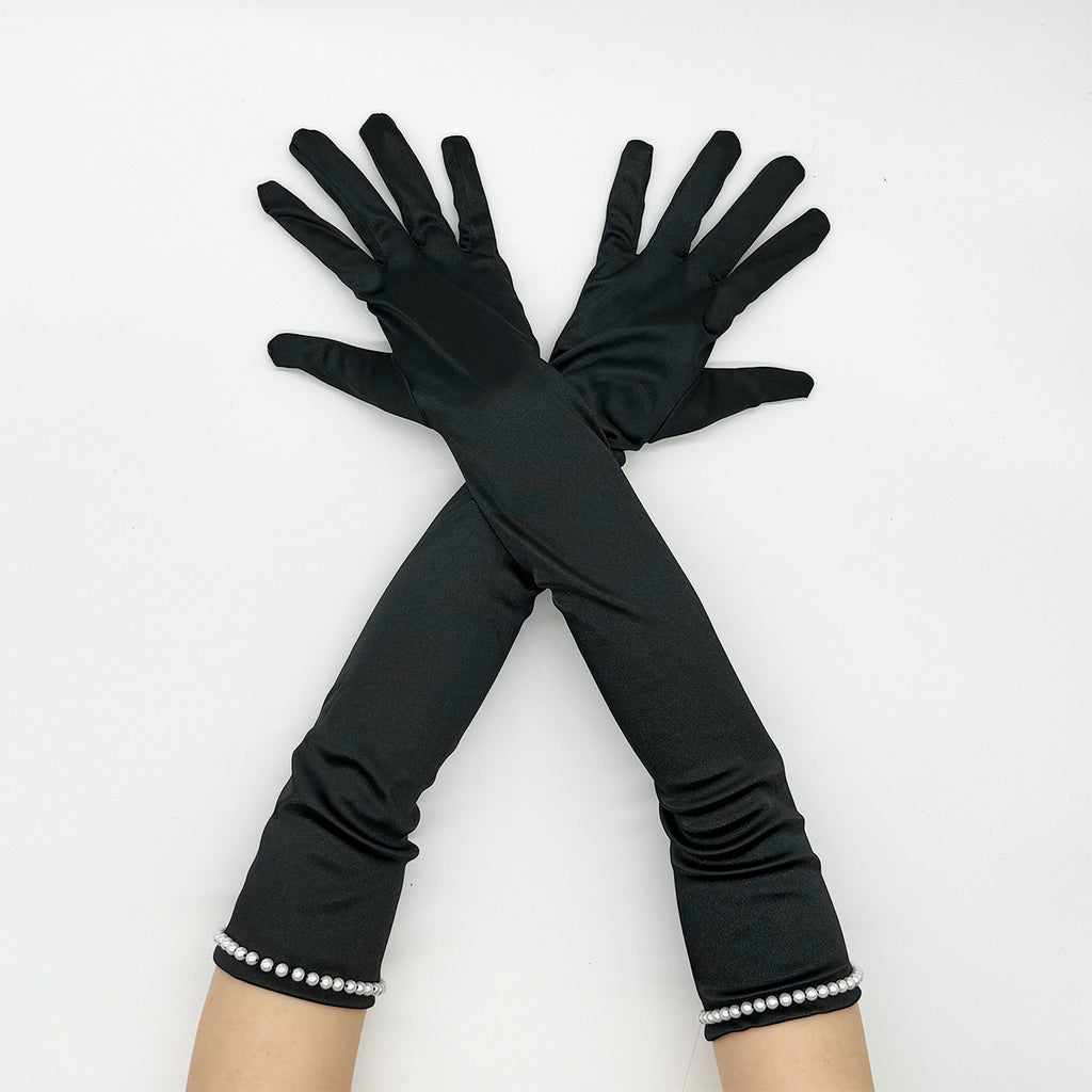 Beaded Trim Long Satin Opera Gloves - Black