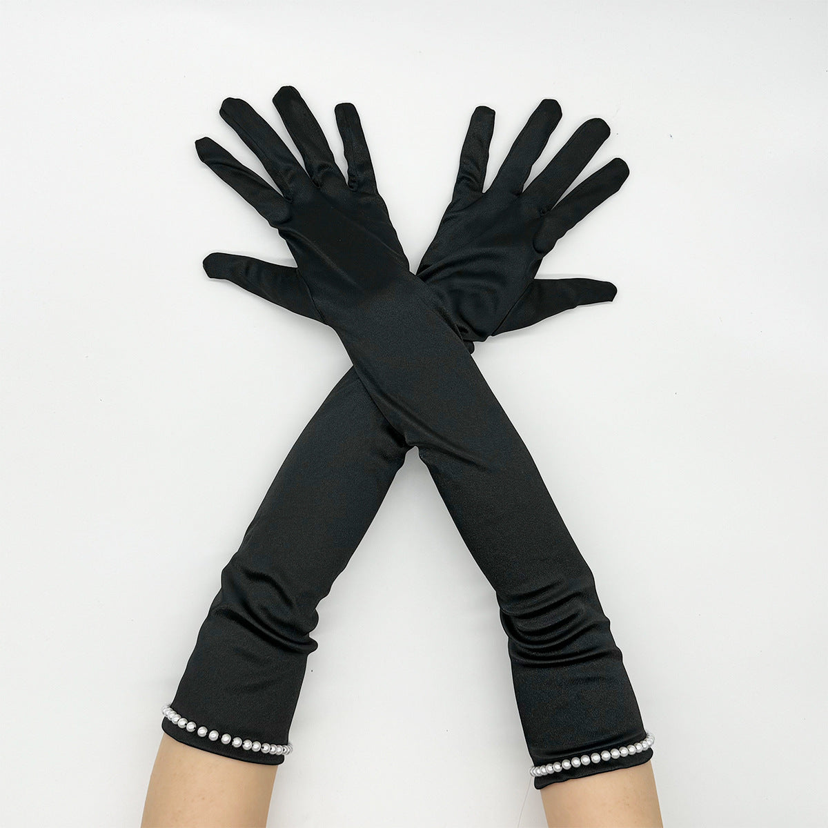 Beaded Trim Long Satin Opera Gloves - Black