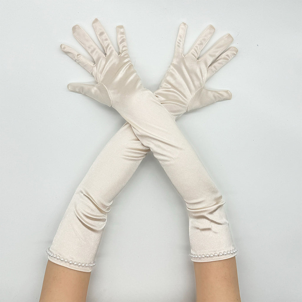 Beaded Trim Long Satin Opera Gloves - Champagne