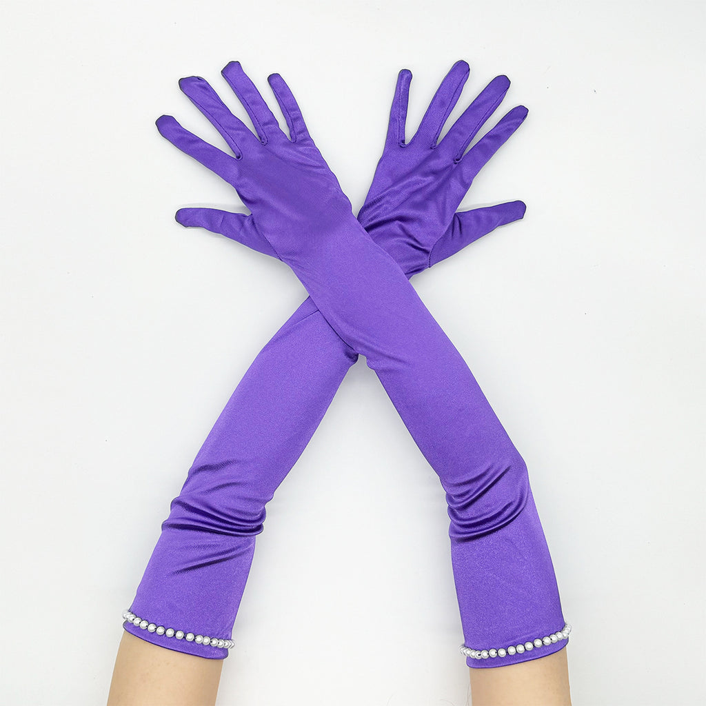 Beaded Trim Long Satin Opera Gloves - Purple