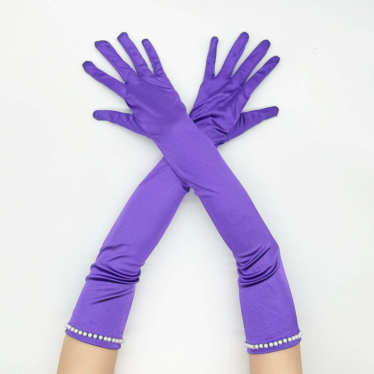Beaded Trim Long Satin Opera Gloves - Purple