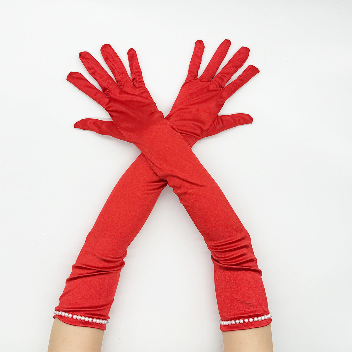 Beaded Trim Long Satin Opera Gloves - Red