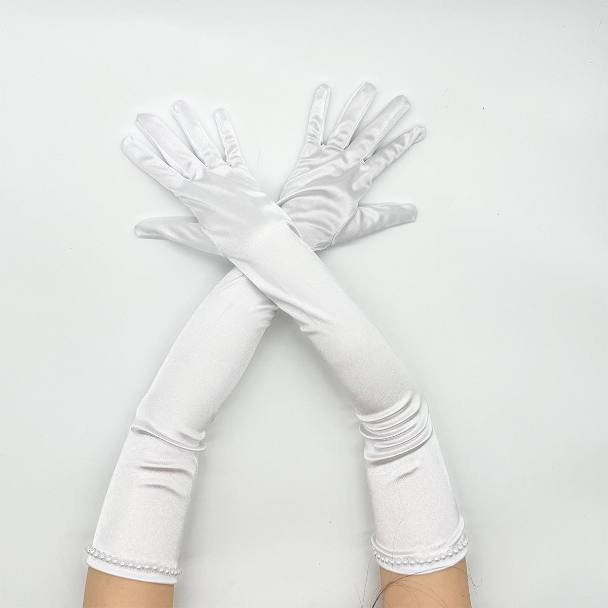 Beaded Trim Long Satin Opera Gloves - White