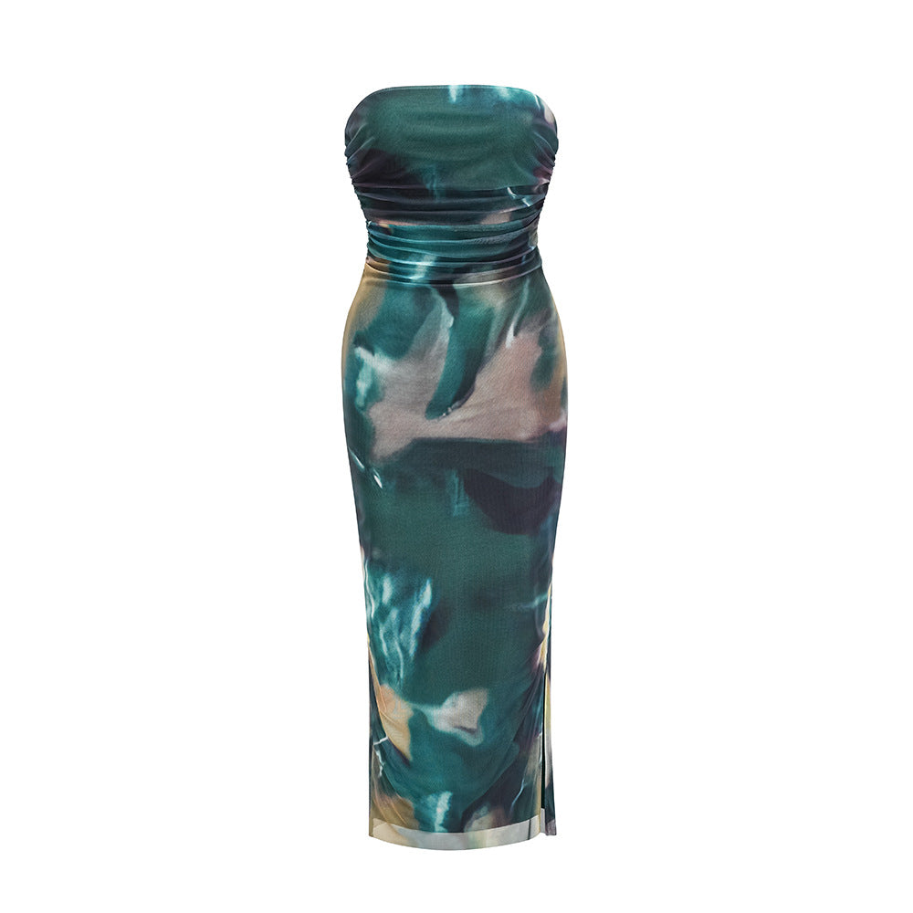 Printed Strapless Ruched Side Slit Midi Dress - Green
