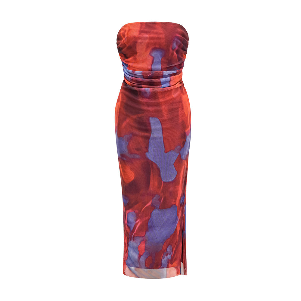 Printed Strapless Ruched Side Slit Midi Dress - Red
