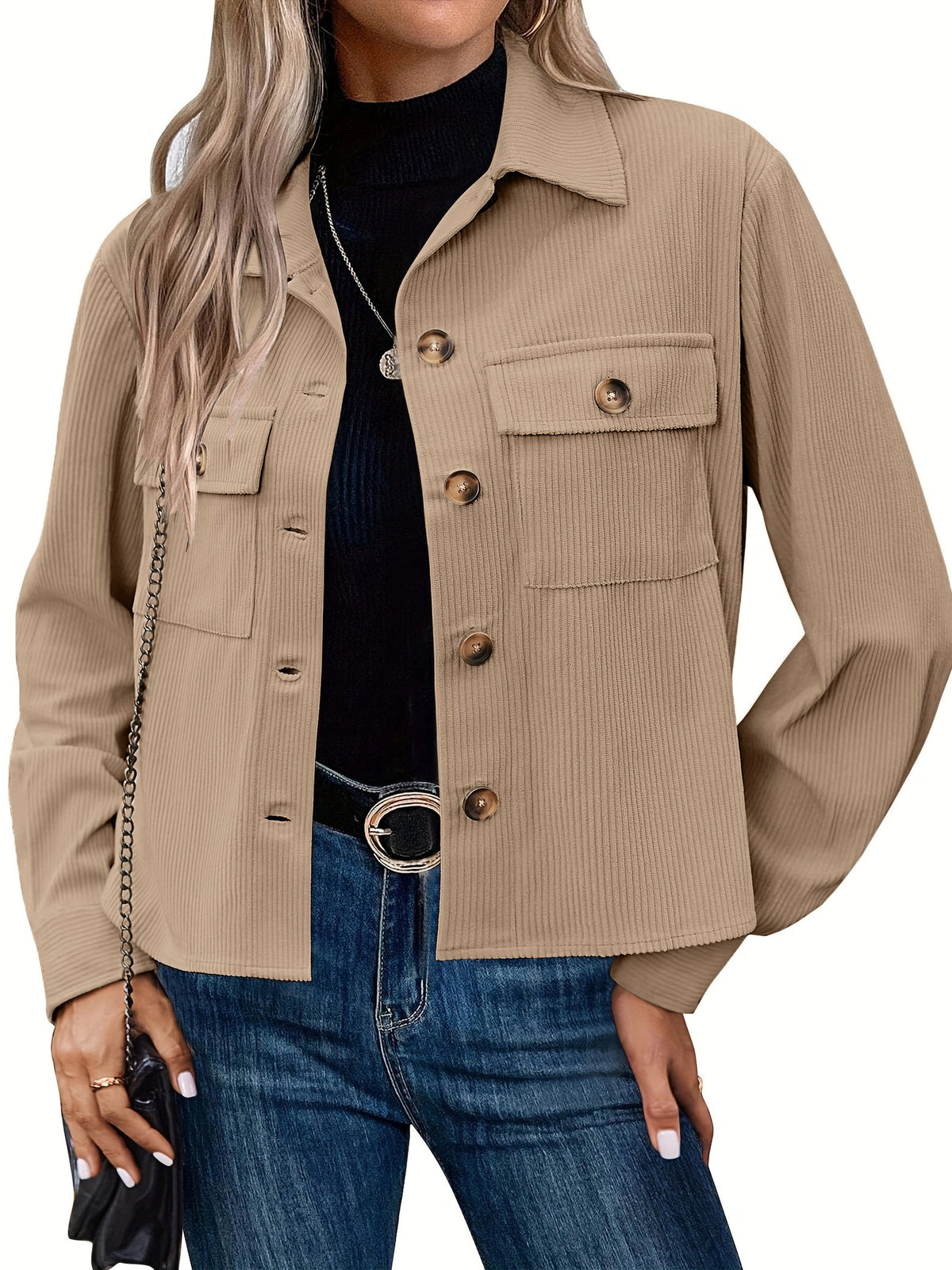 Cropped Corduroy Shacket With Flap Pockets - Apricot