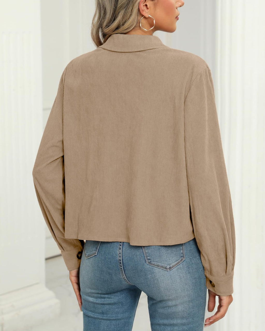 Cropped Corduroy Shacket With Flap Pockets - Apricot - 2