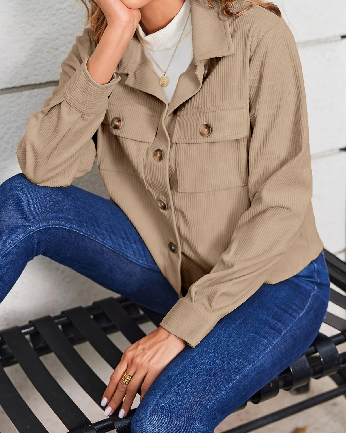 Cropped Corduroy Shacket With Flap Pockets - Apricot - 3