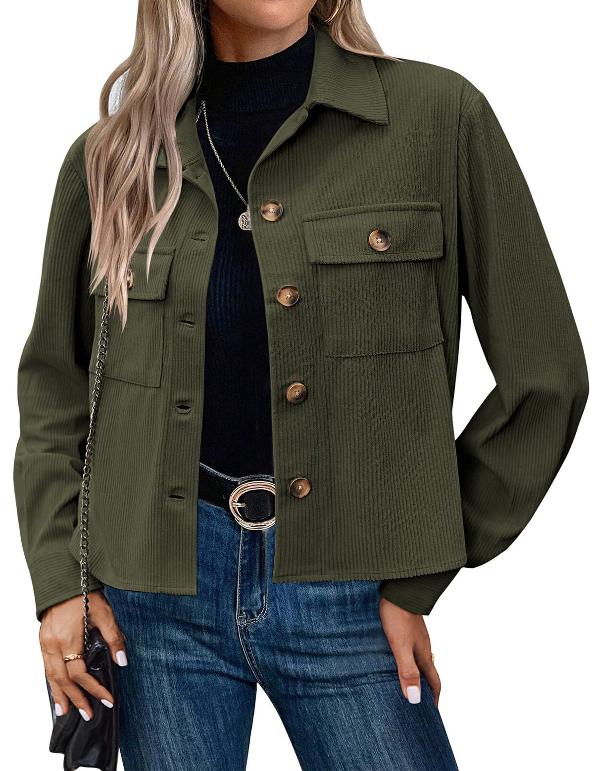 Cropped Corduroy Shacket With Flap Pockets - ArmyGreen