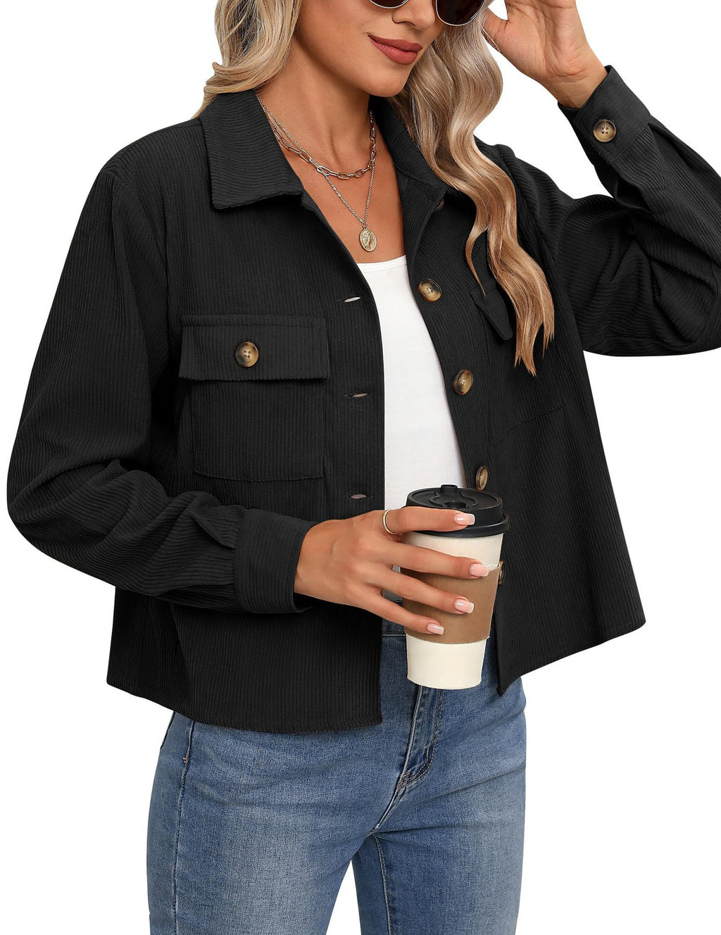 Cropped Corduroy Shacket With Flap Pockets - Black