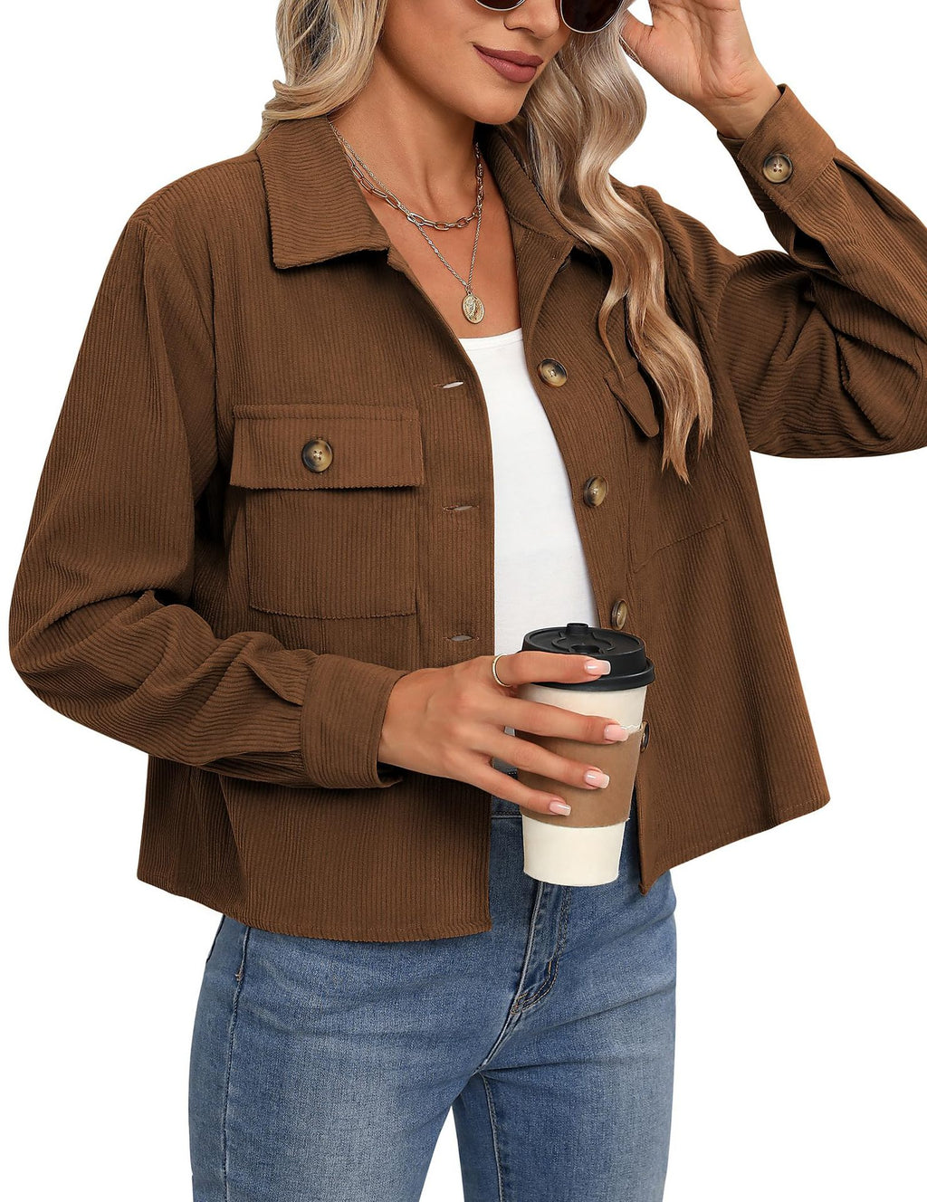 Cropped Corduroy Shacket With Flap Pockets - Brown