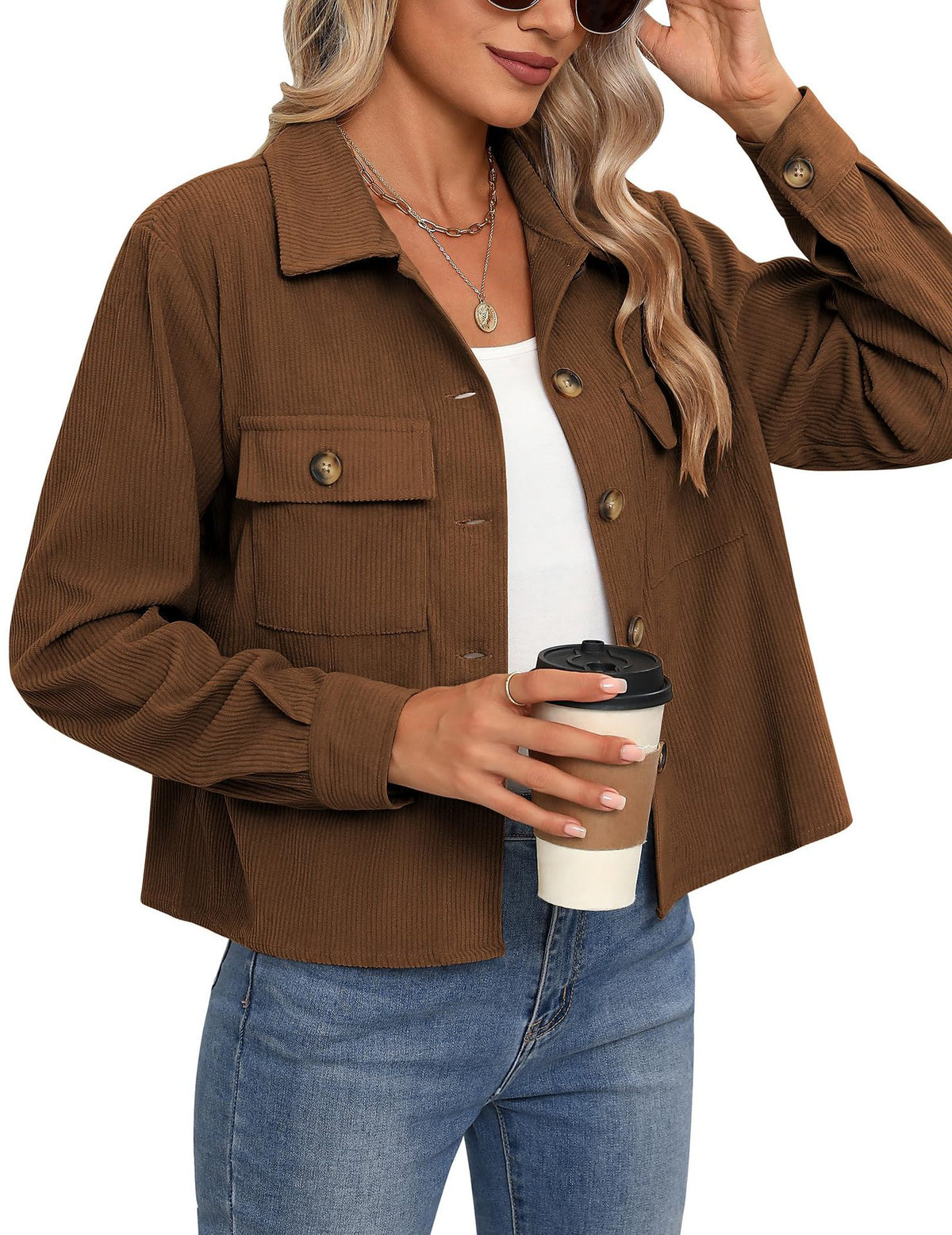 Cropped Corduroy Shacket With Flap Pockets - Brown