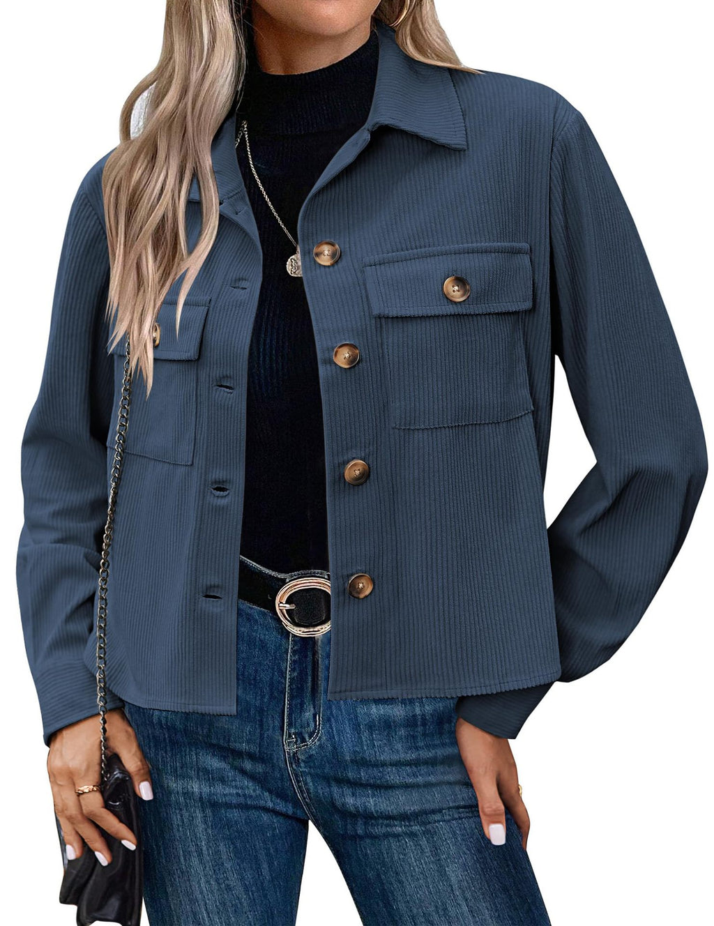 Cropped Corduroy Shacket With Flap Pockets - DarkBlue