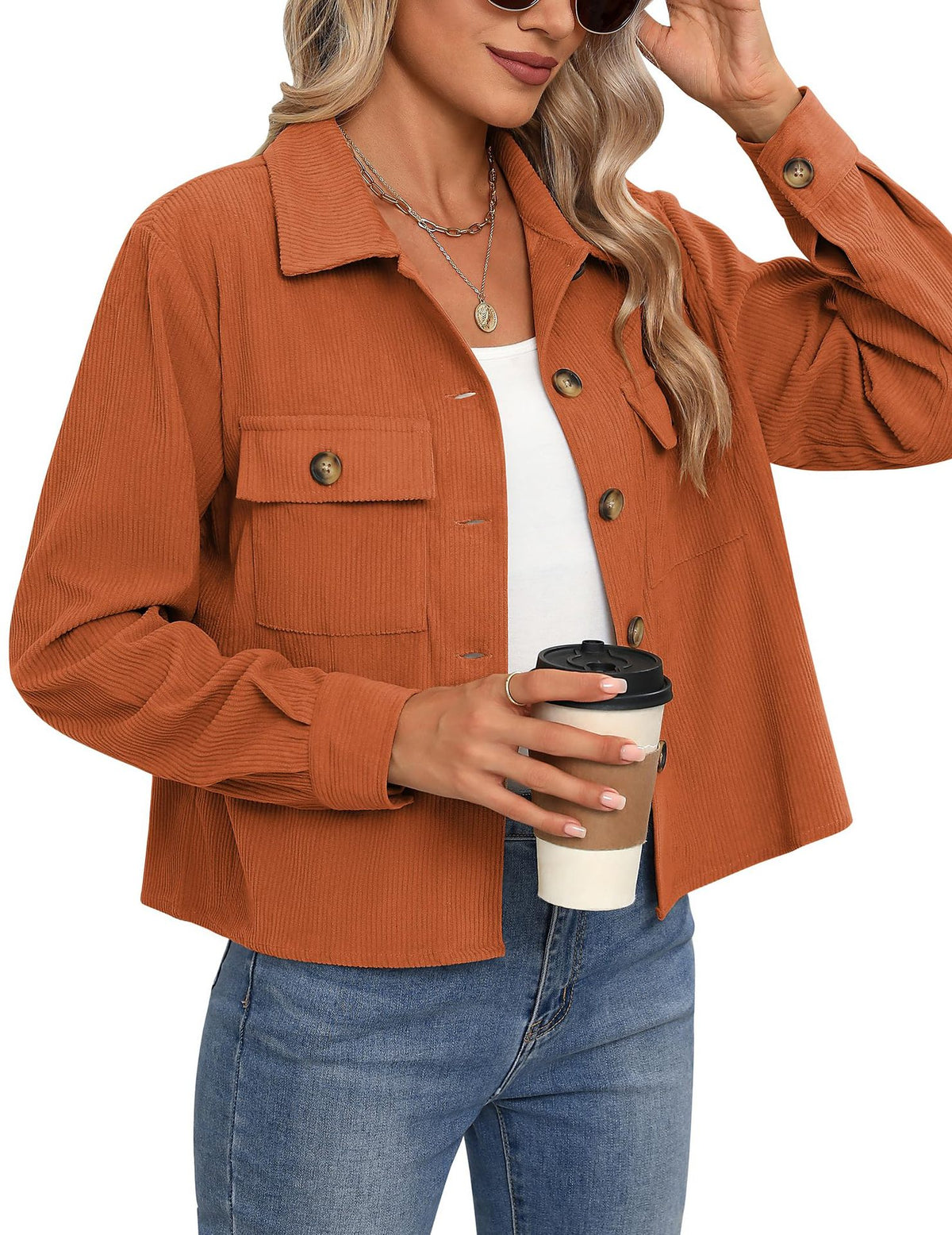 Cropped Corduroy Shacket With Flap Pockets - Orange