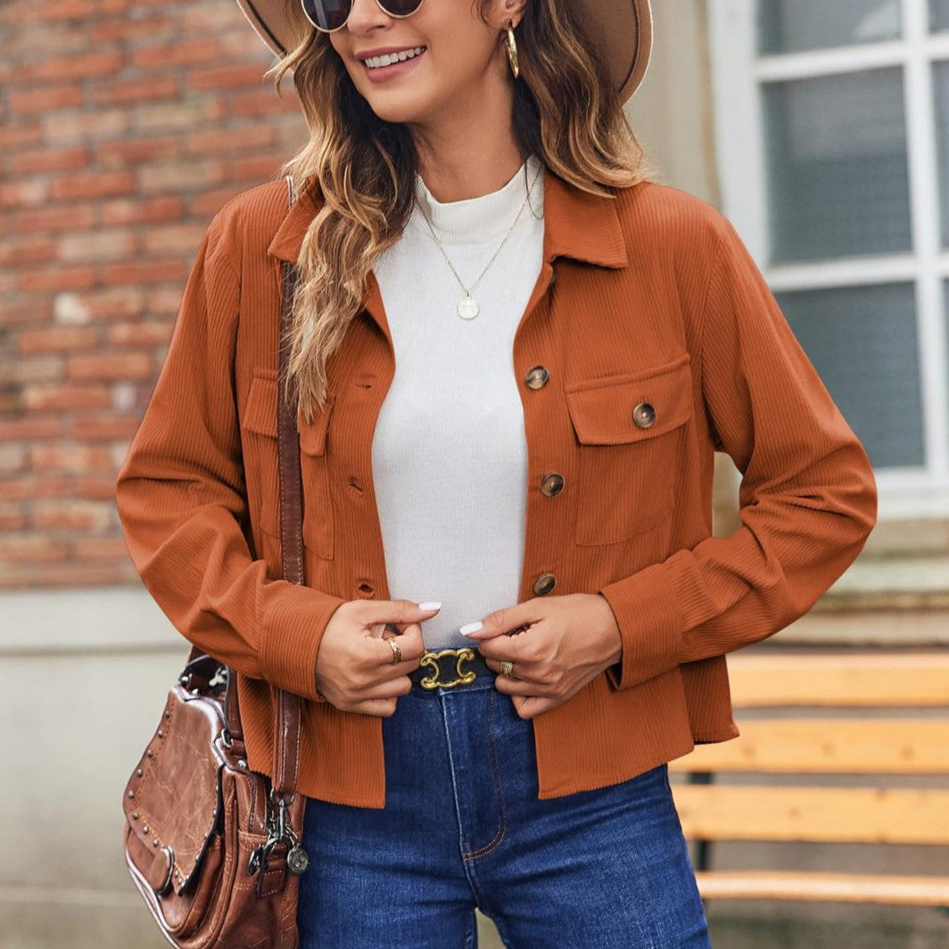 Cropped Corduroy Shacket With Flap Pockets - Orange - 1