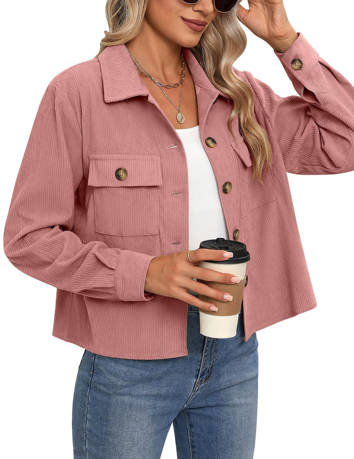 Cropped Corduroy Shacket With Flap Pockets - Peach