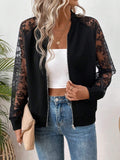 Lace Sleeve Zip Up Baseball Jacket - Black