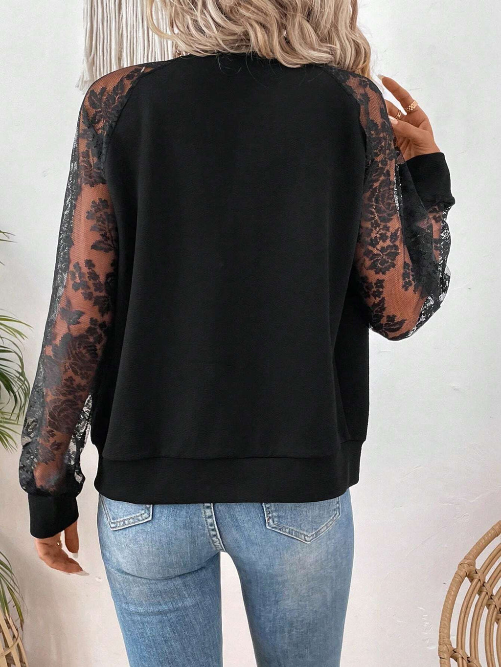 Lace Sleeve Zip Up Baseball Jacket - Black - 2