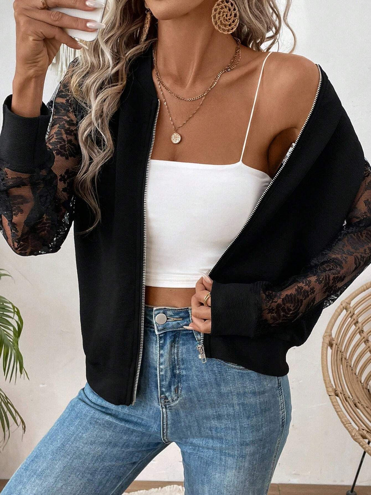 Lace Sleeve Zip Up Baseball Jacket - Black - 3