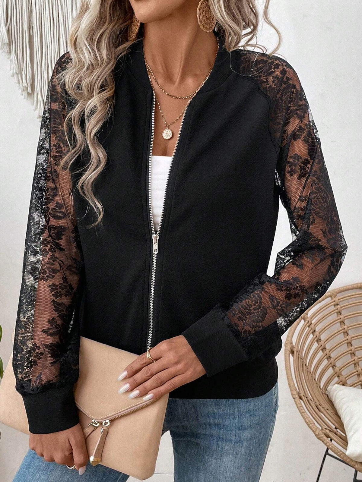 Lace Sleeve Zip Up Baseball Jacket - Black - 4