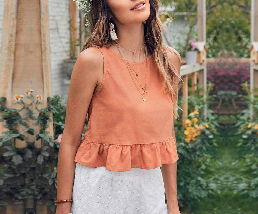 Sleeveless Ruffle Hem Crop Blouse - Orange - 5