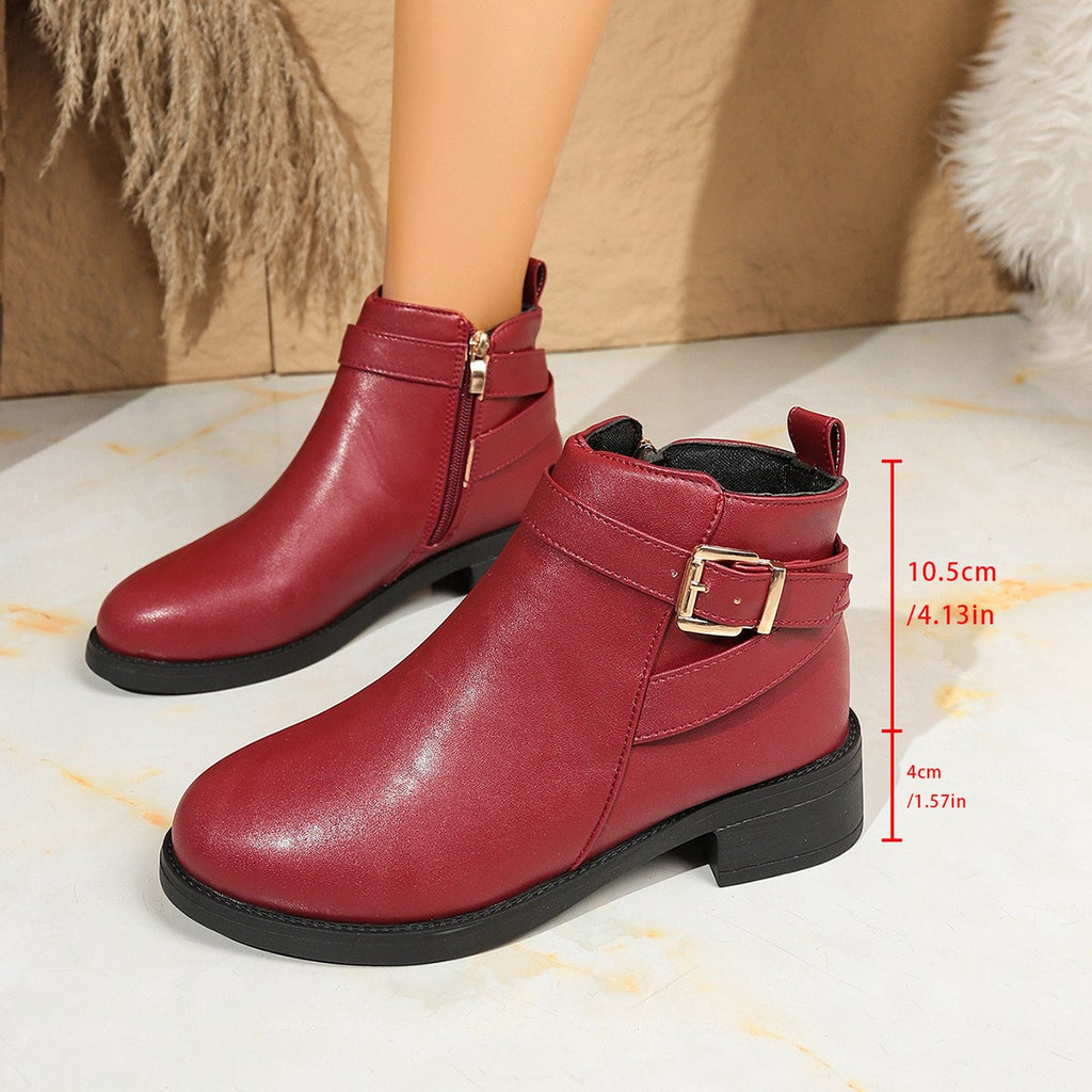 Buckle Strap Round Toe Ankle Boots - Burgundy