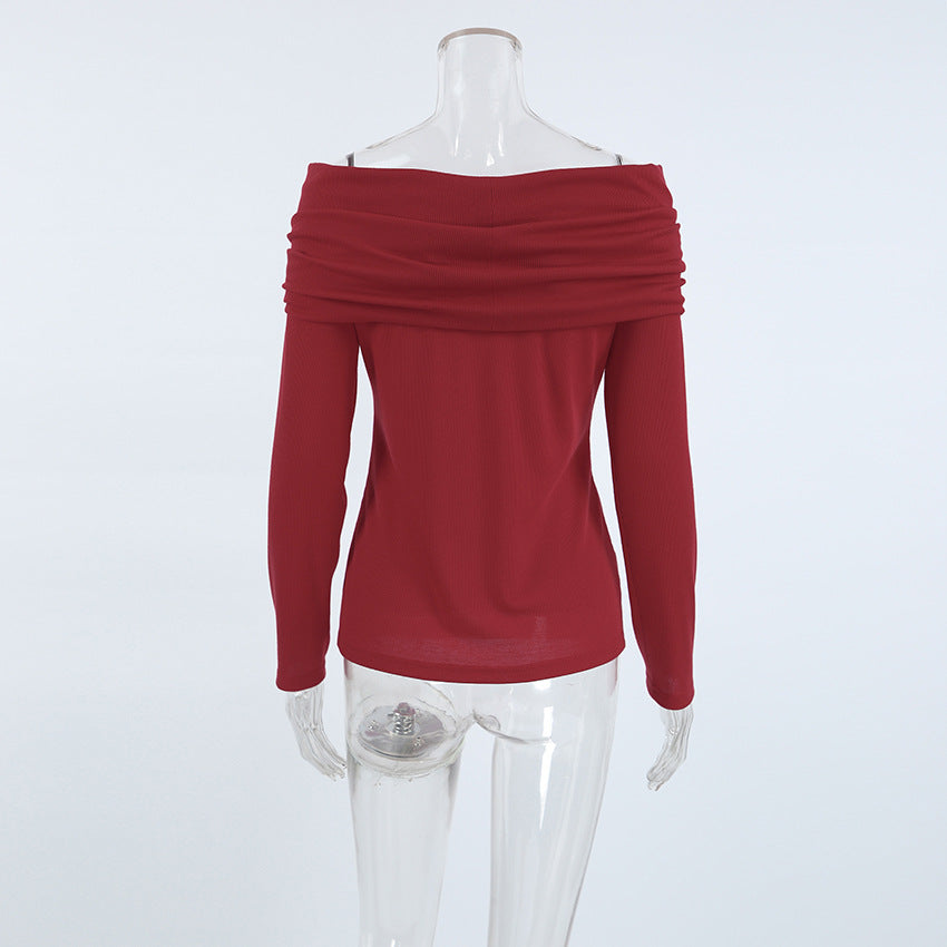 Ribbed Foldover Off Shoulder Long Sleeve Top - Burgundy - 2