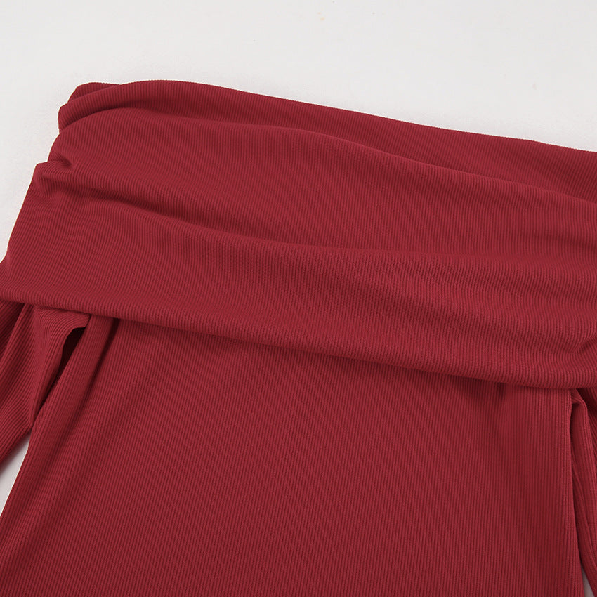 Ribbed Foldover Off Shoulder Long Sleeve Top - Burgundy - 3