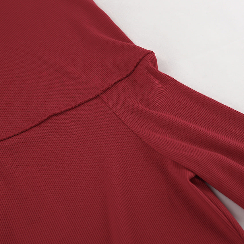 Ribbed Foldover Off Shoulder Long Sleeve Top - Burgundy - 4