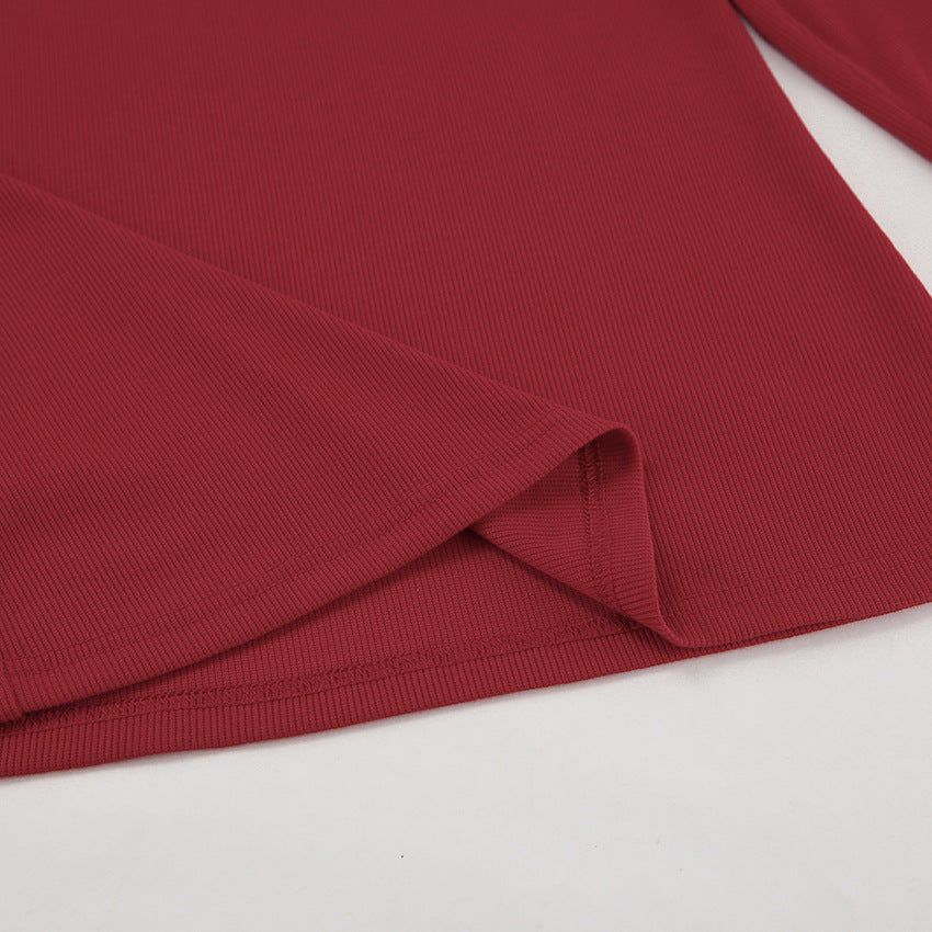 Ribbed Foldover Off Shoulder Long Sleeve Top - Burgundy - 5
