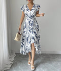 Leaf Print Wrap Midi Dress With Ruffle Hem - Blue