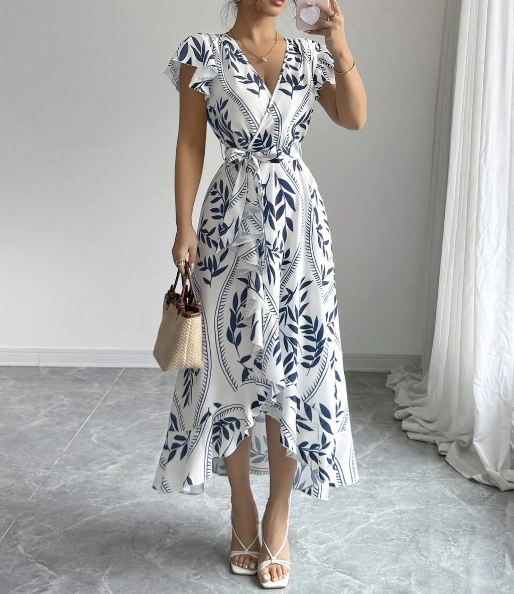 Leaf Print Wrap Midi Dress With Ruffle Hem
