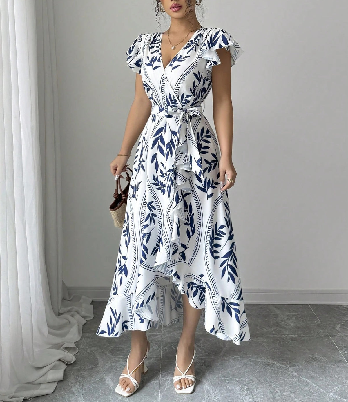 Leaf Print Wrap Midi Dress With Ruffle Hem - view 1