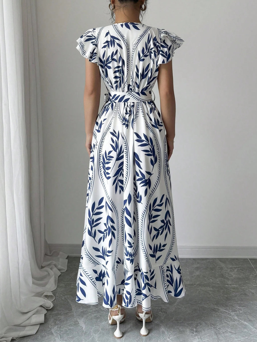 Leaf Print Wrap Midi Dress With Ruffle Hem - view 2