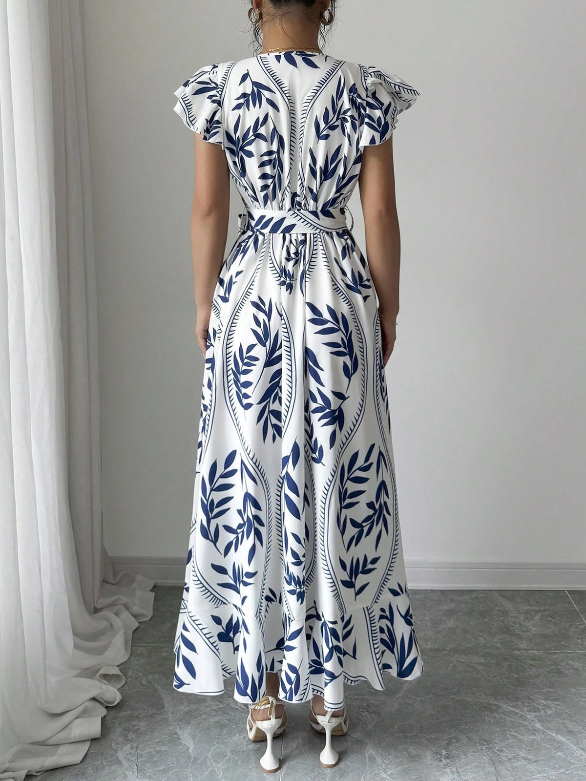Leaf Print Wrap Midi Dress With Ruffle Hem - view 2