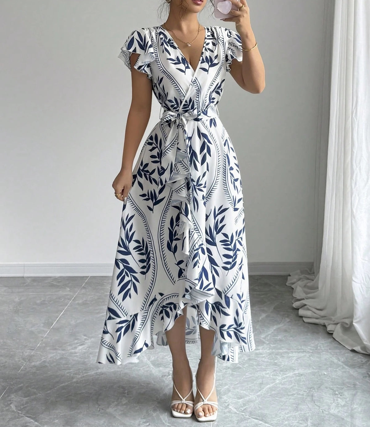 Leaf Print Wrap Midi Dress With Ruffle Hem - view 3