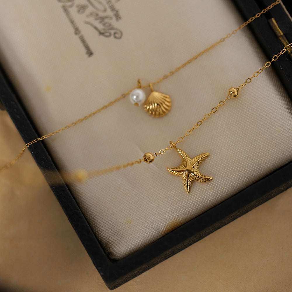 Layered Starfish And Shell Charm Necklace - Gold - 1