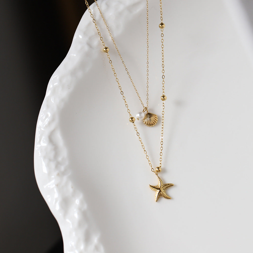 Layered Starfish And Shell Charm Necklace - Gold - 3