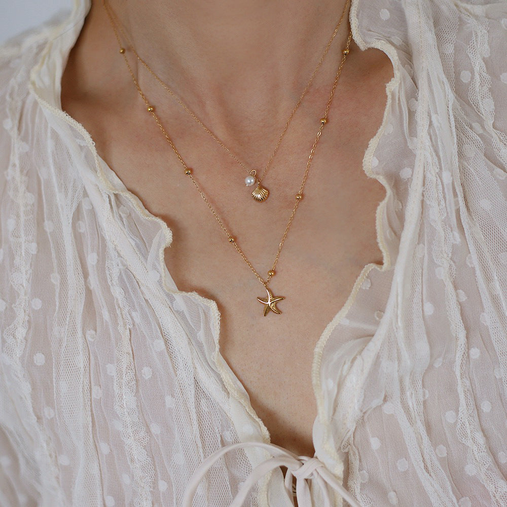 Layered Starfish And Shell Charm Necklace - Gold - 5